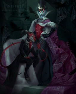 anthro avian_feet bone cape cigarette clothing demonic duo feathers height hooves horn male male/male red_body red_eyes royalty size_difference skull smoking smoking_cigarette spade_tail tail tail_feathers mintwo hellaverse helluva_boss blitzo_(helluva_boss) stolas_(helluva_boss) animal_humanoid avian avian_humanoid bird demon demon_humanoid humanoid imp owl owl_demon hi_res