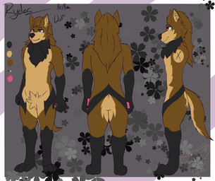 anthro black_nose brown_body brown_eyes color_swatch featureless_crotch floral_background flower fluffy fluffy_tail hair long_hair male multicolored_body neck_tuft pawpads pink_paws plant rear_view side_view simple_background solo tail three-quarter_view tuft wdigni42 canid canine canis mammal wolf absurd_res hi_res model_sheet watermark