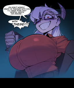 accessory belt big_breasts breasts clothed clothing collared_shirt dialogue dress_shirt female grin hair hair_accessory hairclip horn huge_breasts looking_at_viewer low-angle_view metal_arm metal_horn red_clothing red_eyes red_shirt red_topwear shirt smile solo speech_bubble text threatening topwear white_hair krekk0v helltaker tower_(helltaker) demon demon_humanoid horned_humanoid humanoid english_text hi_res