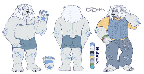anthro blue_body bottomwear bracelet chain claws clothing constellation constellation_markings costume denim denim_bottomwear denim_clothing ear_piercing feet freckles fur hair jeans jewelry long_hair looking_at_viewer male markings nipples outfit_reference pants piercing shirt solo star star_(marking) sweater tail tattoo tongue tongue_out topwear underwear white_body white_fur dfcha1 subnuk bear mammal polar_bear ursine absurd_res hi_res model_sheet