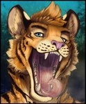 anthro black_eyes bodily_fluids brown_body brown_fur brown_stripes dark_body dark_fur dark_stripes front_view fur glistening glistening_eyes hair inner_ear_fluff looking_at_viewer mouth_shot narrowed_eyes open_mouth orange_body orange_fur orange_hair saliva saliva_on_tongue saliva_string short_hair simple_background solo stripes tan_body tan_fur tan_inner_ear_fluff tuft acidic felid mammal pantherine tiger 2017 bust_portrait dated hi_res portrait signature