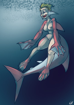areola blonde_hair blue_eyes breasts countershade_tail countershading dorsal_fin featureless_crotch feet female female_humanoid fin fully_submerged hair long_ears membrane_(anatomy) nipples non-mammal_breasts non-mammal_hair nude nude_female nude_humanoid open_mouth open_smile pink_body shark_tail sharp_teeth smile solo spread_legs spreading swimming tail tail_between_legs teeth text three-quarter_view toes underwater water webbed_feet webbed_hands halcy0n animal_humanoid fish fish_humanoid humanoid marine marine_humanoid shark_humanoid 2019 artist_name colored colored_sketch hi_res signature sketch
