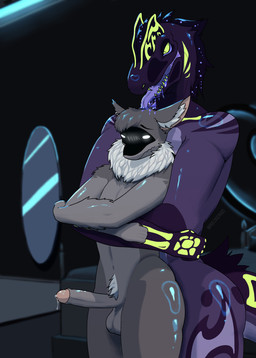 anthro balls bed bodily_fluids breasts dominant dominant_female duo female furniture genital_fluids genitals head_lick hug hugging_another hugging_from_behind inside licking male male/female muscular muscular_female nude nude_anthro nude_female penis precum purple_body saliva sharp_teeth shy submissive submissive_male tail teeth thick_thighs tongue tongue_out wreckerqd dilo_(saltyserpent) fluffy_ace canid canine dilophosaurid dilophosaurus dinosaur mammal prehistoric_species reptile saurischian scalie theropod absurd_res digital_drawing_(artwork) digital_media_(artwork) hi_res signature