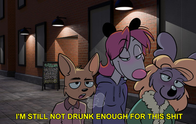 3d_background anthro black_eyes blonde_hair blush breath clothing coat dialogue doorway fangs female fur grey_body grey_fur group hair hoodie jacket lamp male open_mouth profanity red_hair sign smile tan_body tan_fur teeth text topwear trio whiskers sonderjen ben_arden carol_carroll ellen_derricks american_opossum canid canine canis chihuahua domestic_dog koala mammal marsupial toy_dog virginia_opossum vombatiform 2026 3d_(artwork) digital_media_(artwork) english_text hi_res mixed_media