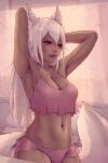 breasts cleavage clothed clothing female fluffy fluffy_tail fur hair long_hair panties raised_arm solo tail underwear white_body white_fur white_hair soranamae amelia_(whisperclaw) animal_humanoid cat_humanoid felid felid_humanoid feline feline_humanoid humanoid mammal mammal_humanoid