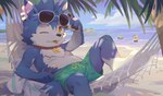 anthro beach biped black_nose blue_body blush clothing detailed_background eyewear green_body group hammock humanoid_hands kemono male nipples one_eye_closed outside sea seaside slightly_chubby solo_focus sunglasses swimwear tongue tongue_out water white_body wink young young_anthro seamonsterping vtuber paroto canid canine canis mammal wolf 2022 absurd_res hi_res