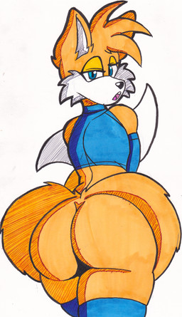 anthro armwear big_butt boots butt clothing elbow_gloves eyebrows eyelashes eyeshadow femboy footwear gloves handwear legwear long_eyelashes looking_at_viewer looking_back looking_back_at_viewer makeup male open_mouth raised_eyebrow shoes sleeveless_shirt solo thick_thighs thigh_boots thigh_highs justsomeidiotonline sega sonic_the_hedgehog_(series) miles_prower canid canine fox mammal red_fox true_fox absurd_res hi_res