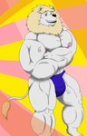 anthro big_bulge blonde_mane bulge clothing flexing fur gesture hand_gesture male mane muscular muscular_male pointing solo speedo swimwear white_body white_fur alythewolfcat felid lion mammal pantherine hi_res