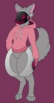 ambiguous_gender anthro big_tail bottomless clothed clothing fluffy fluffy_tail fur grey_body grey_fur heart_symbol hoodie machine partially_clothed paws pink_clothing pink_hoodie pink_topwear purple_background purple_eyes purple_face purple_nose simple_background solo tail thick_thighs topwear topwear_only soultheprotogen soul_(soultheprotogen) protogen 2024 colored digital_drawing_(artwork) digital_media_(artwork) hi_res shaded