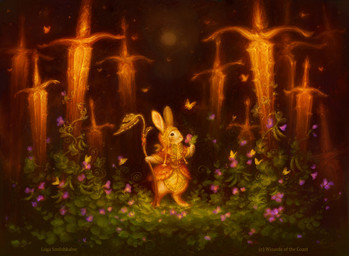 ambiguous_gender anthro biped brown_body brown_fur clothing feral flying fur group hat headgear headwear holding_object holding_staff leaf_clothing melee_weapon plant smile staff standing sword weapon liiga_smilshkalne hasbro magic:_the_gathering wizards_of_the_coast arthropod butterfly insect lagomorph lepidopteran leporid mammal rabbit official_art