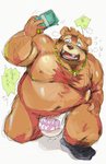 anthro bodily_fluids brown_body brown_fur bulge crying fur humanoid_hands kemono male money overweight overweight_anthro overweight_male solo tears text daich bear mammal 2020 hi_res japanese_text