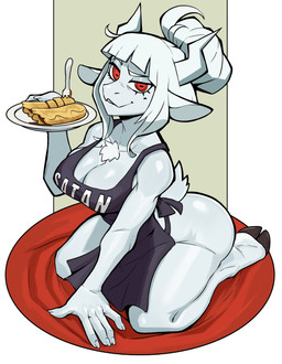 anthro apron apron_only breasts butt clothing cutlery female food fork hair hooves horn kitchen_utensils kneeling looking_at_viewer mostly_nude pancake red_eyes simple_background smile solo text text_on_apron text_on_clothing tools white_hair ceehaz helltaker goat_lucifer_(helltaker) bovid caprine caprine_demon demon goat goat_demon mammal absurd_res hi_res