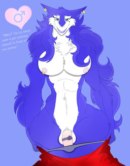 anthro big_breasts breasts clothed clothing dialogue ear_piercing eyeshadow flaccid fur gender_symbol genital_jewelry genitals gynomorph hair heart_symbol intersex lips long_hair looking_at_viewer makeup male male_symbol markings mole_(marking) mostly_nude nipple_piercing nipples nude panties panties_down partially_clothed pecs penis piercing scar seductive simple_background smile solo symbol tattoo text thick_bottom_lip underwear underwear_down wide_hips shadowfurry123 walter_sache mammal sergal 2015 digital_media_(artwork) english_text hi_res