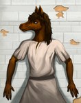 ancient anthro blue_eyes brown_body brown_fur brown_hair clothing fur hair historical history male rome slave solo toga wall_(structure) thepimpartist arabian_horse equid equine horse mammal hi_res