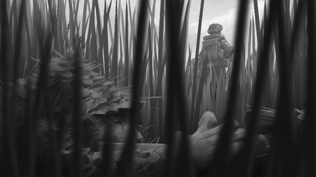 ambiguous_gender anthro backpack clothed clothing fully_clothed fur grass group gun holding_gun holding_object holding_ranged_weapon holding_weapon outside plant ranged_weapon weapon ipoke felid feline lynx mammal 16:9 2020 greyscale monochrome widescreen