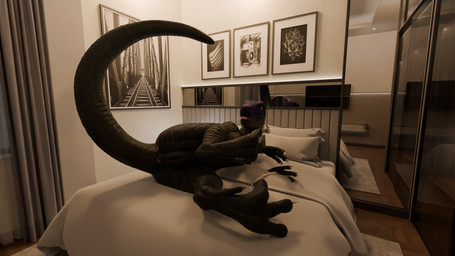 anus bed blep blue_head claws female feral furniture genitals grey_body looking_at_viewer looking_back looking_back_at_viewer lying lying_on_bed mirror on_bed on_side paws presenting raised_leg raised_tail scales solo tail tongue tongue_out vulva yellow_eyes retro_raptor dinosaur dromaeosaurid prehistoric_species reptile saurischian scalie theropod 3d_(artwork) blender_(artwork) blender_cycles_(artwork) digital_media_(artwork) hi_res