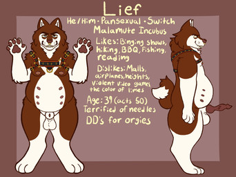 animal_genitalia anthro blue_eyes canine_genitalia digitigrade fur genitals grin grinning_at_viewer harness harness_only male multi_nipple multicolored_body multicolored_fur multiple_piercings nipples nude penis piercing presenting presenting_penis sheath smile smiling_at_viewer solo text honeydew_wolf lief_(anamazingkobold) alaskan_malamute canid canine canis demon domestic_dog mammal nordic_sled_dog spitz english_text hi_res model_sheet