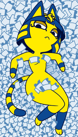 3_fingers 3_toes ankle_cuffs anthro blue_body blue_fur blue_hair convenient_censorship cuff_(restraint) curvy_figure cute_fangs eyeshadow fangs feet female fingers fur hair half-closed_eyes headdress headdress_only headgear headgear_only hourglass_figure lying makeup markings narrowed_eyes nude on_back restraints shackles solo stern striped_markings striped_tail stripes tail tail_markings teeth ticket toes uraeus wide_hipped_anthro wide_hipped_female wide_hips yellow_body yellow_fur zone american_beauty animal_crossing nintendo ankha_(animal_crossing) domestic_cat felid feline felis mammal hi_res