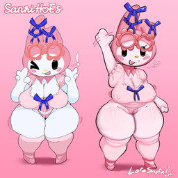 anthro areola_outline big_breasts black_eyes blue_bow blush blush_stickers breasts camel_toe cleavage clothed clothing curvy_figure double_v_sign exclamation_point eyelashes eyewear fashion female flower_glasses footwear fur g-string genital_outline gesture glasses glistening glistening_body glistening_breasts glistening_thighs gradient_background hand_gesture heart_symbol huge_breasts huge_thighs legwear nipple_outline nipples_visible_through_clothing one_eye_closed open_mouth panties pink_background pink_clothing pink_eyewear pink_footwear pink_glasses pink_hood pink_legwear pink_panties pink_shirt pink_shoes pink_thigh_highs pink_tongue pink_topwear pink_underwear shirt shoes simple_background smile solo text thick_thighs thigh_highs thong tongue topwear underwear v_sign voluptuous voluptuous_anthro voluptuous_female vulva_outline white_body white_fur wide_hipped_anthro wide_hipped_female wide_hips wink yellow_nose lofasnofa onegai_my_melody sanrio my_melody lagomorph leporid mammal rabbit 1:1 2024 absurd_res artist_name colored digital_drawing_(artwork) digital_media_(artwork) hi_res shaded