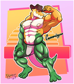 5_fingers abs anthro biceps big_bulge bulge candy claws clothed clothing dessert fingers food green_body gummy_(food) hat headgear headwear jockstrap jockstrap_only looking_at_viewer male mostly_nude mostly_nude_anthro mostly_nude_male mostly_offscreen_male muscular muscular_anthro muscular_male nipples pecs simple_background solo tail topless underwear underwear_only yellow_body ougon glitch_productions the_amazing_digital_circus gummigoo_(tadc) alligator alligatorid crocodilian food_creature gummy_creature living_candy reptile scalie digital_media_(artwork) hi_res