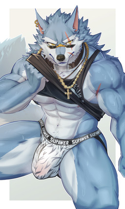 5_fingers abs anthro arm_scar biceps black_clothing black_shirt black_tank_top black_topwear blue_body blue_fur bodily_fluids border bulge chain cheek_tuft claws clothed clothed_anthro clothed_male clothing cross cross_necklace detailed_bulge ear_piercing ear_ring eye_scar eyebrows eyewear facial_scar facial_tuft finger_claws fingers fluffy fluffy_tail fur jewelry jockstrap male male_anthro mouth_scar multicolored_body multicolored_fur muscular muscular_anthro muscular_male navel necklace nipples pantsless pantsless_anthro pantsless_male pecs piercing pink_inner_ear pink_nipples print_clothing print_shirt print_tank_top print_topwear ring_piercing scar shirt solo sunglasses sweat sweatdrop tail tank_top teeth topwear tuft two_tone_body two_tone_fur underwear white_body white_border white_fur yellow_eyes sacorxi dislyte lilith_games freddy_(dislyte) canid canine canis mammal wolf 2025 absurd_res digital_drawing_(artwork) digital_media_(artwork) hi_res