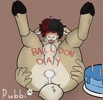 anthro balls birthday blush bodily_fluids body_writing butt covered_eyes cum cum_inside fur genital_fluids genitals hair looking_at_viewer male nude simple_background smile solo spread_butt spreading tongue tongue_out pubbipaws border_leicester bovid caprine domestic_sheep mammal sheep digital_media_(artwork) hi_res