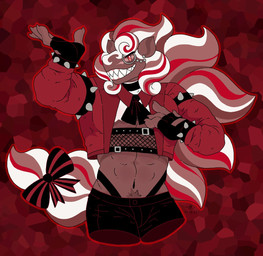 anthro belly brown_hair clothing eyewear gloves hair handwear jacket long_hair long_tail male monocle muscular red_eyes sharp_teeth smile solo tail teeth topwear white_hair chippybooru cookie_run_kingdom devsisters esterhazy_(cookie_run) canid canine canis mammal wolf hi_res