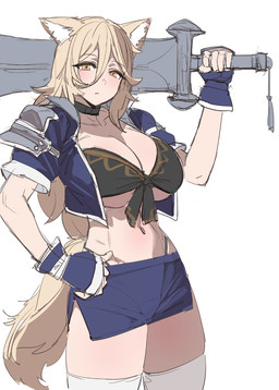 armor bandeau big_breasts blonde_hair bottomwear breasts cleavage clothed clothing eyebrows eyelashes female hair legwear melee_weapon microskirt midriff miniskirt pauldron skirt solo sword tail thigh_highs thong_straps topwear weapon yellow_eyes bow_(artist) animal_humanoid canid canid_humanoid canine canine_humanoid fox_humanoid humanoid mammal mammal_humanoid 2025 hi_res