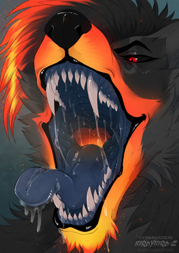 ambiguous_anthro ambiguous_gender anthro black_hair black_lips black_nose black_sclera blue_tongue bodily_fluids drooling fangs front_view fur grey_body grey_fur hair lips mouth_shot narrowed_eyes open_mouth orange_hair red_eyes saliva saliva_bubble saliva_on_tongue saliva_string sharp_teeth simple_background solo teeth tongue santanahoffman canid canine mammal hi_res
