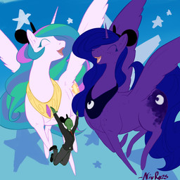 blue_hair clothing cutie_mark eyes_closed feathered_wings feathers female feral fur group hair happy horn long_hair multicolored_hair open_mouth star white_body white_fur wings nivrozs disney friendship_is_magic hasbro my_little_pony mythology anon anonymous princess_celestia_(mlp) princess_luna_(mlp) equid equine mammal mythological_creature mythological_equine winged_unicorn 1:1 2014 crossover hi_res