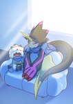 ambiguous_gender anthro black_body blade cape claws clothing detailed_background duo evolutionary_family furniture horn inside on_sofa sleeping sofa tail tail_blade weapon_tail sansyonoki64 bandai_namco digimon digimon_ghost_game digimon_(species) gammamon gulusgammamon hi_res