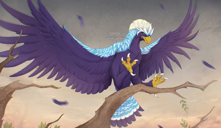 ambiguous_feral ambiguous_gender beak blue_body blue_eyes blue_feathers claws feathered_wings feathers feral green_eyes motion_blur mouth_closed outside purple_body purple_feathers sky solo spread_wings tail tail_feathers text white_claws wings yellow_beak santanahoffman nintendo pokemon avian bird braviary generation_5_pokemon pokemon_(species) 2025 artist_name dated hi_res