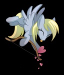 2013 alpha_channel blonde_hair bow_(weapon) cutie_mark derpy_hooves_(mlp) equid equine eyes_closed feathered_wings feathers female feral flying friendship_is_magic grey_body grey_feathers hair hasbro heart_symbol hi_res holding_object holding_weapon mammal my_little_pony mythological_creature mythological_equine mythology pegasus ranged_weapon simple_background solo tongue tongue_out transparent_background weapon wicklesmack wings