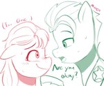 bodily_fluids dialogue duo face_to_face female feral male sweat sweatdrop text thought_bubble marenlicious hasbro mlp_g5 my_little_pony hitch_trailblazer_(mlp) sunny_starscout_(mlp) earth_pony equid equine horse mammal pony english_text hi_res line_art sketch