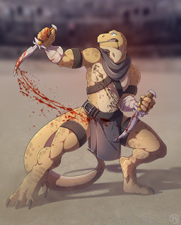 angry anthro arena battle blood bodily_fluids bottomwear clothed clothing dagger loincloth male melee_weapon muscular tail weapon tres-art ismar lizard reptile scalie digital_media_(artwork) hi_res
