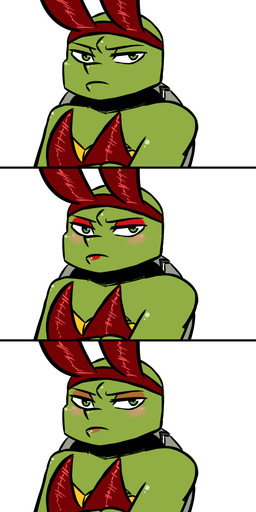 anthro bunny_costume clothed clothing comparison costume crossdressing eyeshadow fake_ears fake_rabbit_ears green_eyes lipstick looking_at_viewer makeup male notched_shell red_eyeshadow red_lipstick rosy_cheeks shell simple_background solo white_background inkyfrog teenage_mutant_ninja_turtles raphael_(tmnt) reptile scalie turtle 2017 bust_portrait hi_res portrait