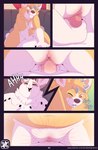 anthro breasts breath canid canine canis clitoral_hood clitoris comic cowgirl_position detailed_background domestic_dog duo erection female from_front_position genitals herding_dog hilting humanoid_genitalia humanoid_penis inside june_(doubledog) lagomorph leporid male male/female mammal nipples nowandlater on_bottom on_top panting pastoral_dog paws penetration penis rabbit sawyer_(doubledog) sex vaginal vaginal_penetration welsh_corgi