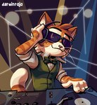 4_fingers anthro bow_tie clothing disc_jockey dj_booth dress_shirt electronics eyewear fingers fur glasses green_bow_tie green_clothing green_topwear green_vest headphones holding_headphones male orange_body orange_fur pointy_ears rolled_up_sleeves shirt slim smug solo sunglasses tail topwear vest white_body white_dress_shirt white_fur darwinrojjo lackadaisy calvin_mcmurray domestic_cat felid feline felis mammal absurd_res digital_media_(artwork) hi_res