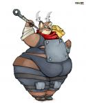 anthro antlers armor belly belly_overhang belt big_belly brown_body brown_fur chubby_cheeks clothed clothing cosplay double_chin fur hammer holding_object holding_weapon horn male maul obese obese_anthro obese_male overweight overweight_anthro overweight_male scarf simple_background solo standing tan_body tan_fur thick_thighs tools weapon weapon_on_shoulder white_background wide_hips wraps wrist_wraps arkveveen_(artist) bastion_(game) supergiant_games deer mammal