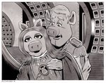 4_fingers anthro border cleft_chin duo female fingers hug male parody science_fiction snout spacecraft vehicle white_border bruce_mccorkindale muppets solaris_(film) the_muppet_show link_hogthrob miss_piggy domestic_pig mammal muppet suid suine sus_(pig) 2019 crossover greyscale hi_res monochrome signature