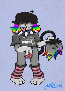 3_fingers 3_toes alternative_fashion bangs black_hair clitoral clitoral_rubbing clitoris clothing collar covered_eyes crop_top detailed_genitals feet female fingers genitals hair holding_tail leg_warmers legwear masturbation multicolored_hair pattern_clothing pattern_leg_warmers pattern_legwear pokemorph rainbow_hair scene_(fashion) shirt simple_background solo sparklefur spiked_collar spikes spread_vulva spreading standing striped_clothing striped_leg_warmers striped_legwear stripes tail text text_on_clothing text_on_shirt text_on_topwear toes topwear vulva pkfreak nintendo pokemon vivi_(psykwol) generation_2_pokemon pokemon_(species) smeargle hi_res