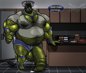 arm_hair balls beard belly belly_hair belly_overhang big_balls big_belly big_muscles big_pecs big_penis bodily_fluids body_hair briefs chest_hair clothing cum cum_in_a_cup cum_in_container eyes_closed facial_hair feet food foreskin genital_fluids genitals hairy huge_balls huge_pecs huge_penis ineffective_clothing kitchen lactating leaking_cum leg_hair male male_lactation musclegut muscular muscular_legs muscular_male navel nipple_outline overweight overweight_male pecs penis penis_through_underwear shirt solo sweat t-shirt tattoo topwear tusks underwear nethgoorat neth_rusiki_azhti humanoid orc hi_res