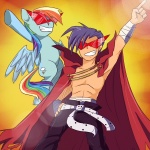 blue_body blue_feathers blue_fur cape clothing cutie_mark duo eyewear feathered_wings feathers female feral fur glasses hair male multicolored_hair purple_hair rainbow_hair smile sunglasses tail wings keterok friendship_is_magic hasbro my_little_pony mythology tengen_toppa_gurren_lagann kamina_(gurren_lagann) rainbow_dash_(mlp) equid equine human mammal mythological_creature mythological_equine pegasus 1:1 crossover