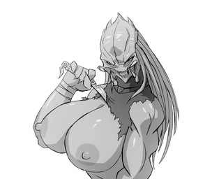 big_breasts breasts claws clothing dreadlocks female huge_breasts knife looking_at_viewer mandibles muscular muscular_female muscular_humanoid nipples not_furry simple_background solo torn_clothing bigdad predator_(franchise) alien humanoid yautja hi_res monochrome