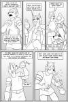 anthro canid canine clock-face clothed clothing comic duo english_text fox hi_res male mammal monochrome potion simple_background smile text