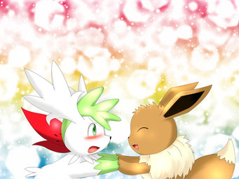 abstract_background ambiguous_gender black_nose blush brown_body brown_fur cloud duo eye_contact eyes_closed feral fur green_body green_fur hand_holding looking_at_another open_mouth simple_background sunset tongue tuft white_body white_fur nyota_(artist) nintendo pokemon canid canine eevee generation_1_pokemon generation_4_pokemon legendary_pokemon mammal pokemon_(species) shaymin sky_forme_shaymin