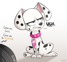 black_body black_fur black_nose black_spots camera collar disgust eyelashes female feral fur looking_aside markings open_mouth pawpads paws simple_background sitting solo spots spotted_body spotted_fur studded_collar studs teeth text toony white_body white_fur young young_feral higglytownhero 101_dalmatian_street 101_dalmatians disney dallas_(101_dalmatians) triple_d_(101_dalmatians) canid canine canis dalmatian domestic_dog mammal english_text