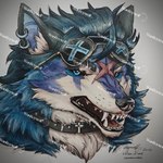 anthro black_hair blue_body blue_eyes blue_fur collar ear_piercing ear_ring eyewear facial_scar fierce fur hair looking_at_viewer male multicolored_body multicolored_fur piercing purple_body purple_fur ring_piercing scar solo sunglasses white_body white_fur wanroywolf canid canine canis mammal wolf 1:1 absurd_res hi_res marker_(artwork) traditional_media_(artwork)