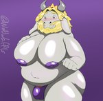 anthro areola beard belly big_belly big_bulge big_butt big_moobs blonde_hair blush bulge butt clothing crown facial_hair hair headgear horn long_ears looking_at_viewer male moobs nipples overweight overweight_male purple_areola purple_background purple_clothing purple_nipples purple_thong purple_underwear simple_background solo thick_thighs thong underwear wetwaffls undertale_(series) asgore_dreemurr bovid caprine goat mammal hi_res