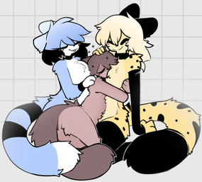 abstract_background anthro big_tail blush breasts chest_tuft clothed clothing collar eyes_closed featureless_breasts female fluffy hug legwear male male/female male/male nude_anthro partially_clothed tail thigh_highs tongue tuft caeleste jayde_(caeleste) niles_(caeleste) sinclaire_(caeleste) domestic_cat felid feline felis mammal serval 2024 hi_res